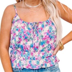 NWT Entro Floral Print‎ Pink Blue Cropped Cami Tank Multicolor Medium